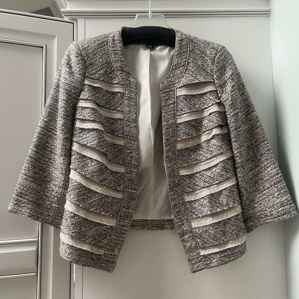 Whbm Metallic Tweed 3/4 Sleeves Cropped Lined Career Collarless Blazer, Size 6